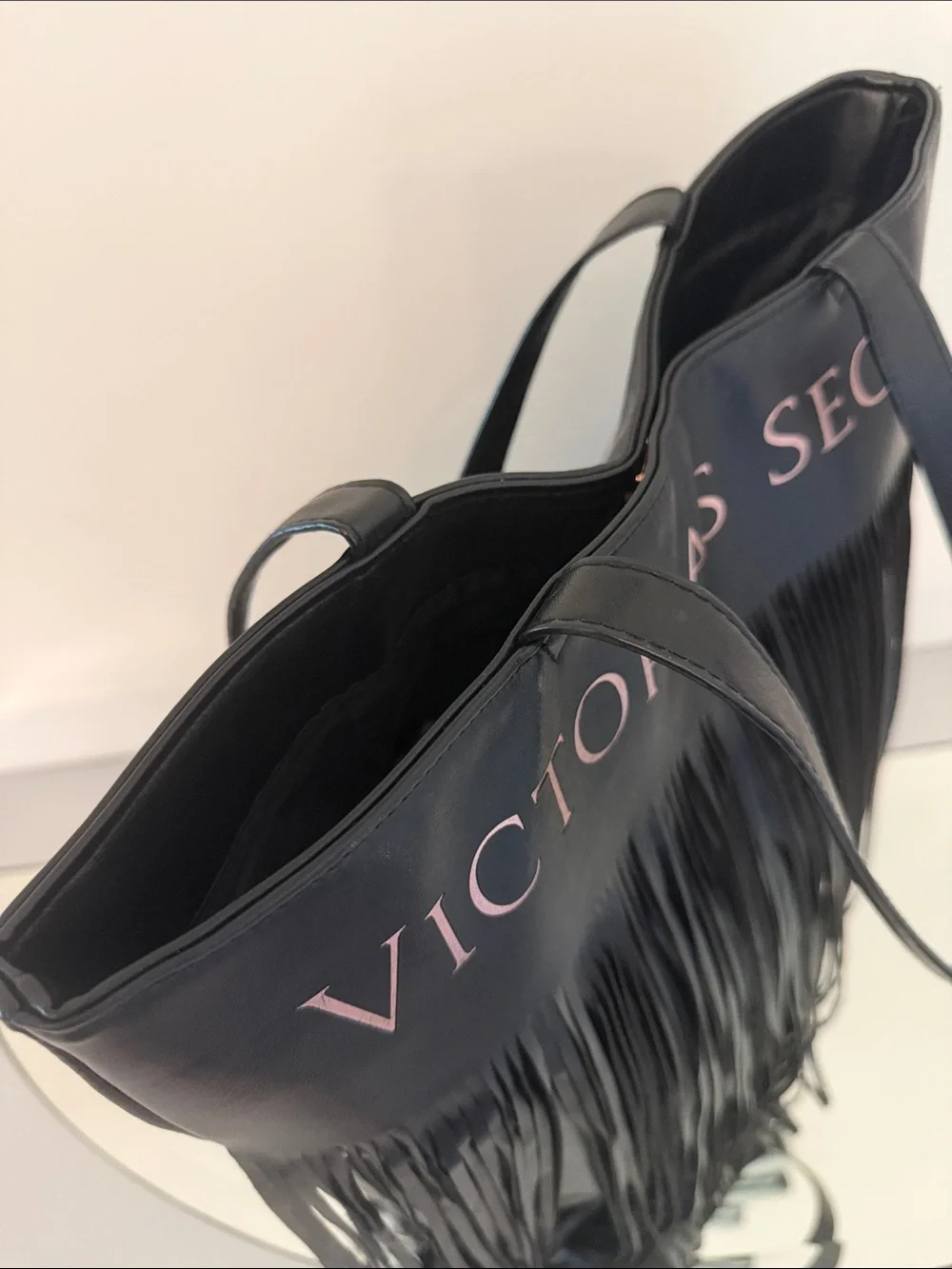 VICTORIA’S SECRET Flirty Fringe Tote Bag Black Faux Leather Limited Edition
